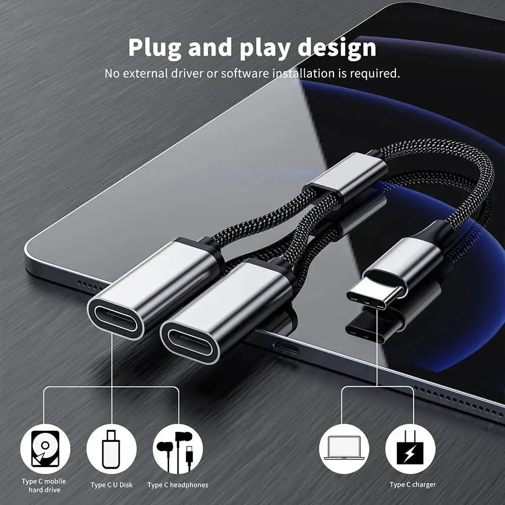 USB C Male to Double USB C Female Splitter Type C Hub for Type C Gaming Handle Charger Powerbanks Adapter