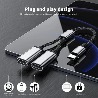 USB C Male to Double USB C Female Splitter Type C Hub for Type C Gaming Handle Charger Powerbanks Adapter