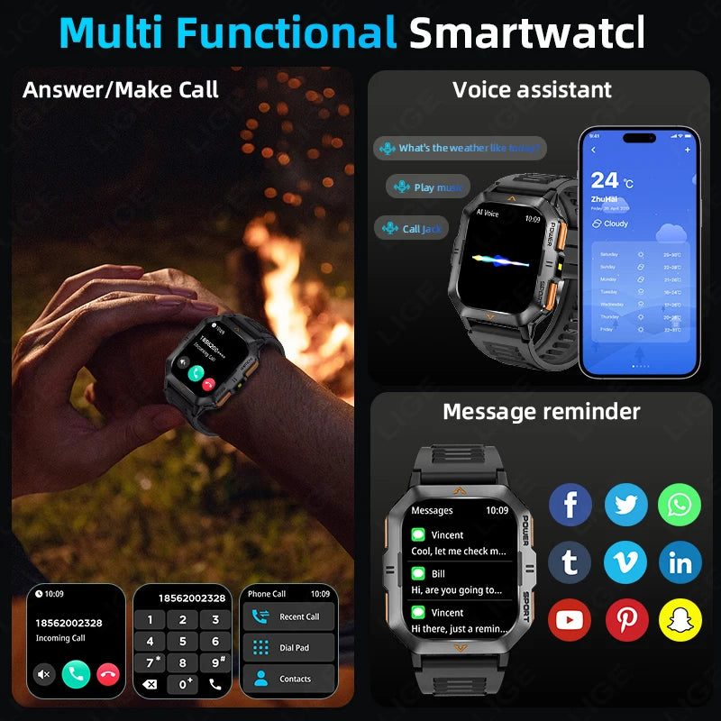 Outdoor Sports Smart Watch Men Flashlight Waterproof Military Watches 2.01'' HD Screen Heart Rate Bluetooth Call Smartwatch