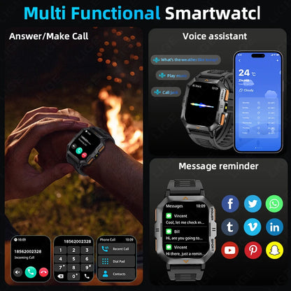 Outdoor Sports Smart Watch Men Flashlight Waterproof Military Watches 2.01'' HD Screen Heart Rate Bluetooth Call Smartwatch