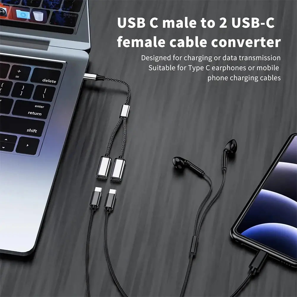 USB C Male to Double USB C Female Splitter Type C Hub for Type C Gaming Handle Charger Powerbanks Adapter