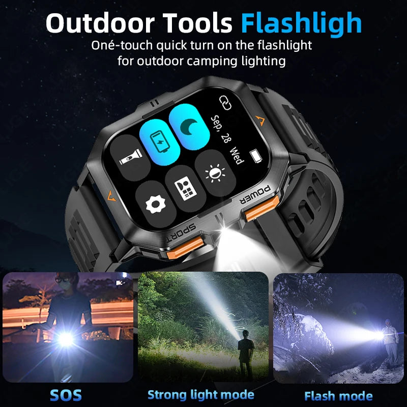 Outdoor Sports Smart Watch Men Flashlight Waterproof Military Watches 2.01'' HD Screen Heart Rate Bluetooth Call Smartwatch