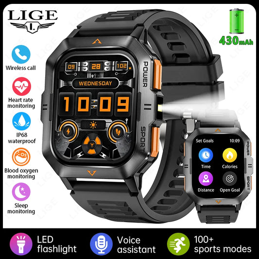 Outdoor Sports Smart Watch Men Flashlight Waterproof Military Watches 2.01'' HD Screen Heart Rate Bluetooth Call Smartwatch