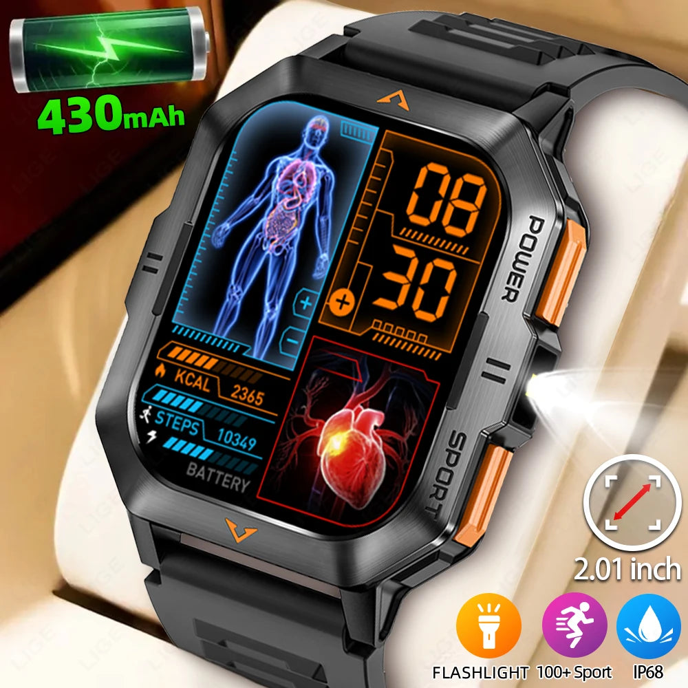 Outdoor Sports Smart Watch Men Flashlight Waterproof Military Watches 2.01'' HD Screen Heart Rate Bluetooth Call Smartwatch