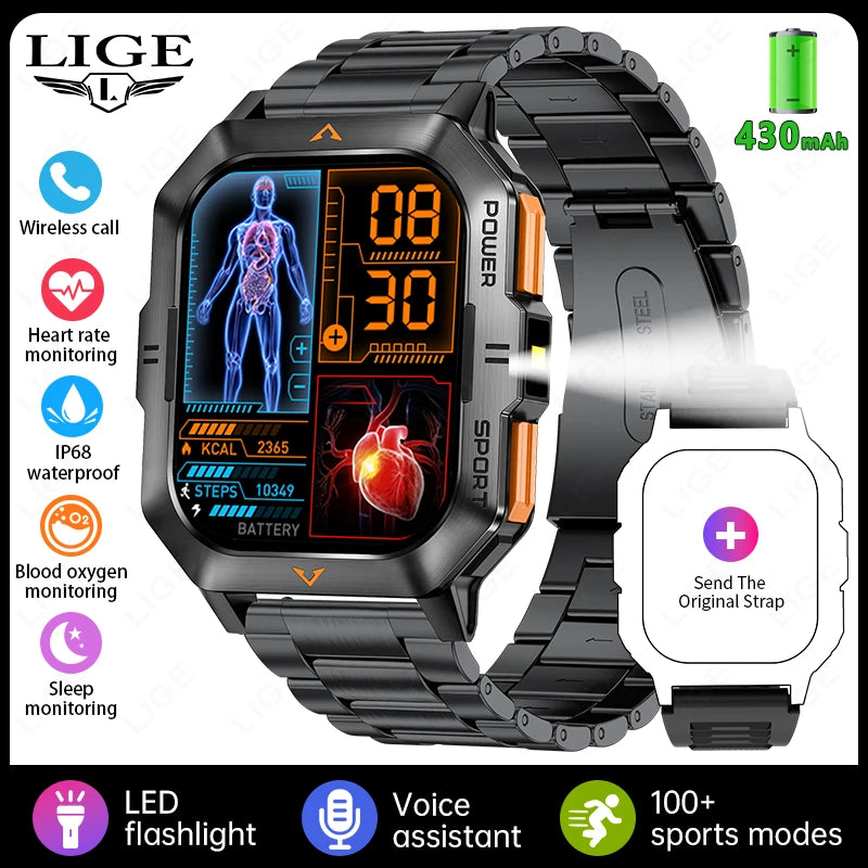 Outdoor Sports Smart Watch Men Flashlight Waterproof Military Watches 2.01'' HD Screen Heart Rate Bluetooth Call Smartwatch