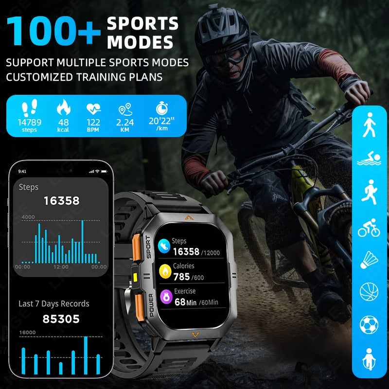 Outdoor Sports Smart Watch Men Flashlight Waterproof Military Watches 2.01'' HD Screen Heart Rate Bluetooth Call Smartwatch