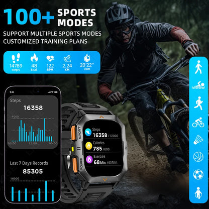 Outdoor Sports Smart Watch Men Flashlight Waterproof Military Watches 2.01'' HD Screen Heart Rate Bluetooth Call Smartwatch
