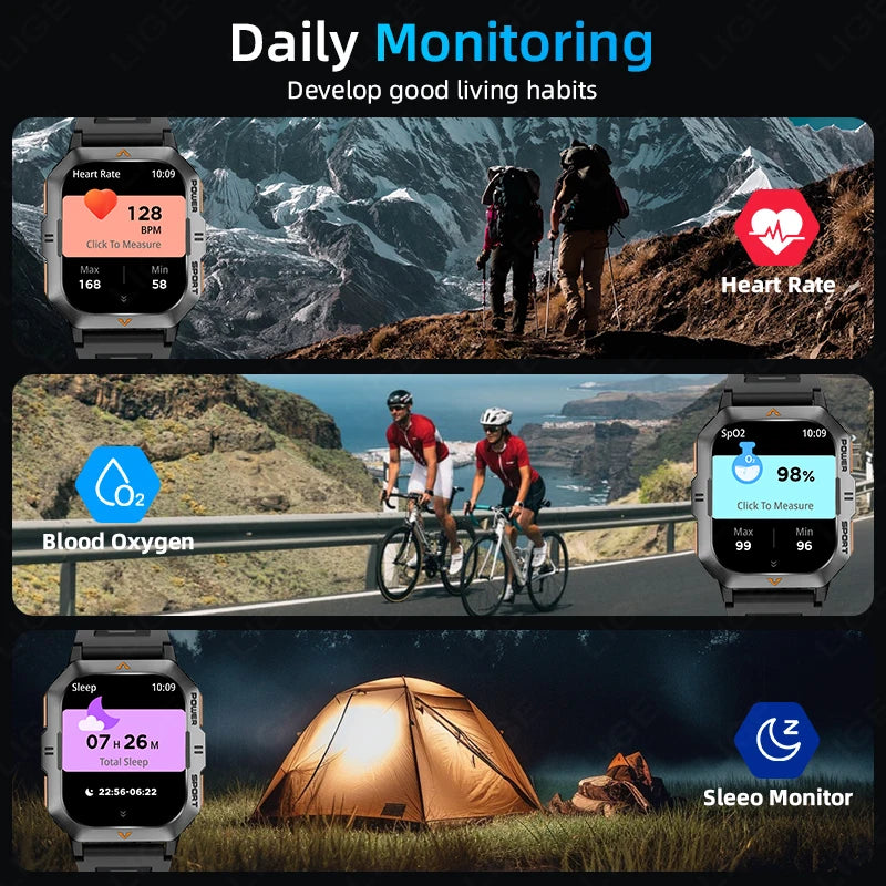 Outdoor Sports Smart Watch Men Flashlight Waterproof Military Watches 2.01'' HD Screen Heart Rate Bluetooth Call Smartwatch