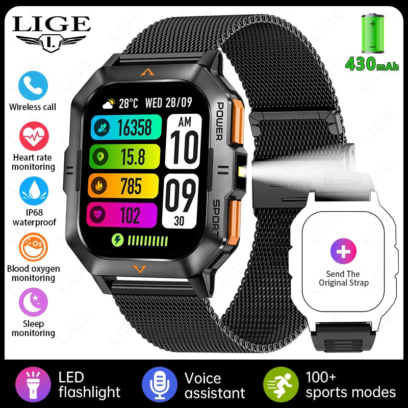 Outdoor Sports Smart Watch Men Flashlight Waterproof Military Watches 2.01'' HD Screen Heart Rate Bluetooth Call Smartwatch