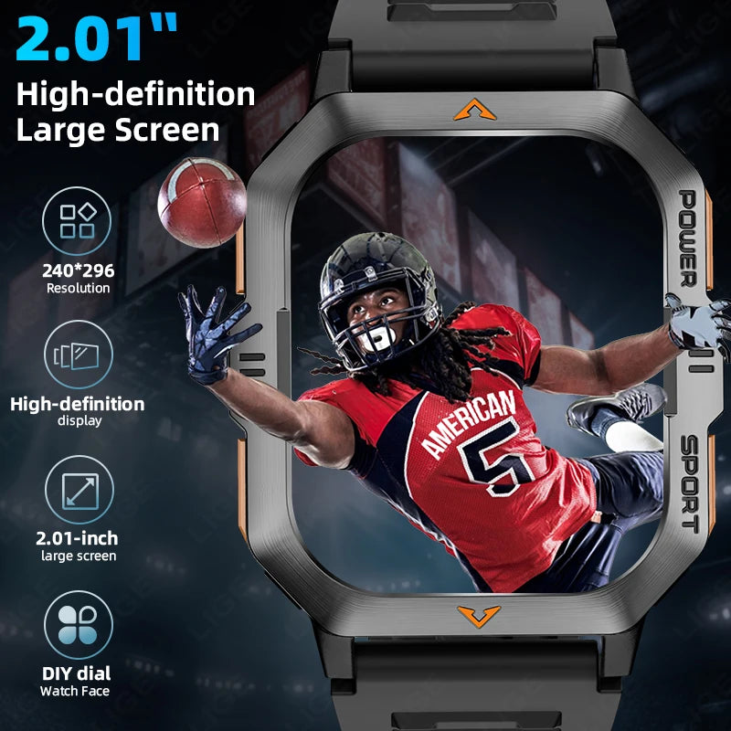 Outdoor Sports Smart Watch Men Flashlight Waterproof Military Watches 2.01'' HD Screen Heart Rate Bluetooth Call Smartwatch